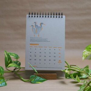 Página interior del calendario letterpress 2021, este año dedicado al medio ambiente, con curiosidades naturalistas y retos medioambientales. Las garcetas del mes de marzo con sus penachos anaranjados